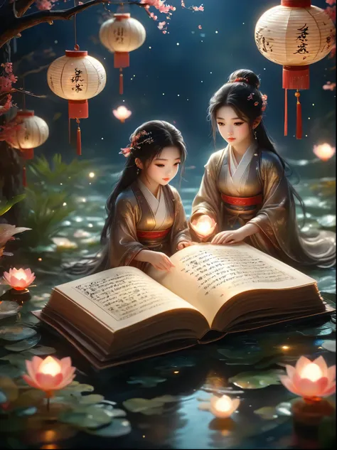 Three-dimensional ancient style,Romantic ancient style,Dark night shimmer,Elegant and simple,3 tiny people,Macro Photography,Suspension,Rolled up rice paper filled with calligraphy,High Angle Shot,Depth of Field,Bioluminescence,Chen Jia Leng,Quiet atmosphe...