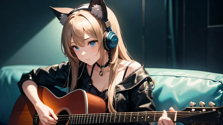 Beautiful girl with cat ears and headphones playing an acoustic guitar、Leather sofa、studio、indirect lighting、Cool gaze