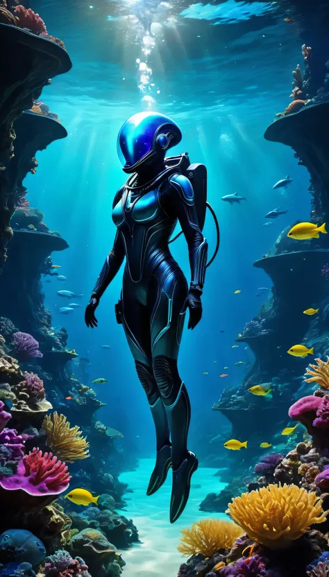 An alien diving in the deep sea,underwater exploration,beautiful colorful marine life,glowing coral reefs,bioluminescent creatures,alien technology,underwater spaceship,futuristic diving suit,aliens perspective,deep-sea darkness,mystical underwater environ...