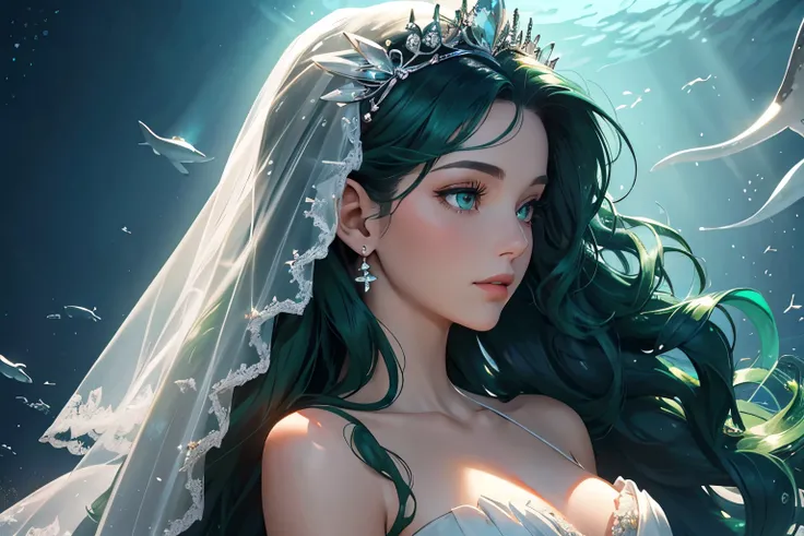 Top quality, close-up of the profile of a pretty woman, the woman has long curly emerald hair, is wearing a wedding dress and has a white veil, fantastic, ephemeral, the background is the deep sea with light shining through it Where killer whales are swimm...