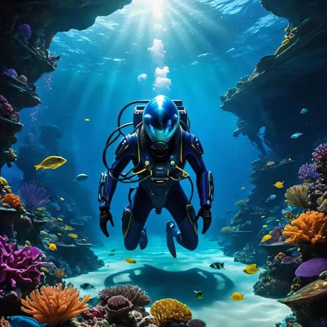 An alien diving in the deep sea,underwater exploration,beautiful colorful marine life,glowing coral reefs,bioluminescent creatures,alien technology,underwater spaceship,futuristic diving suit,aliens perspective,deep-sea darkness,mystical underwater environ...