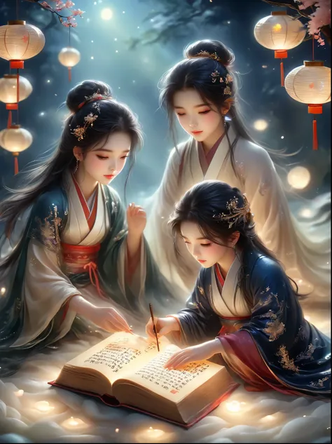 Three-dimensional ancient style，Romantic ancient style，Dark night shimmer，Elegant and simple，3 tiny people，Macro Photography，Suspension，Rolled up rice paper filled with calligraphy，High Angle Shot，Depth of Field，Bioluminescence，Chen Jia Leng，Quiet atmosphe...