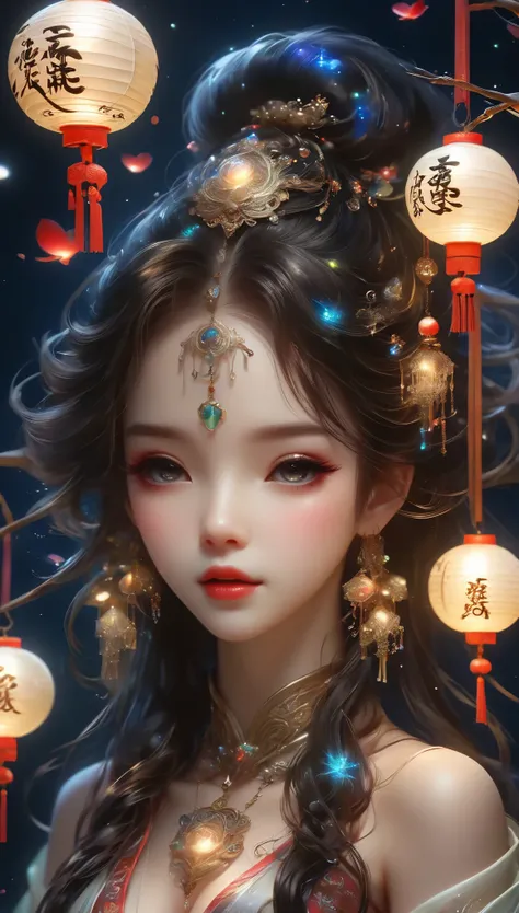 Three-dimensional ancient style,Romantic ancient style,Dark night shimmer,Elegant and simple,3 tiny people,Macro Photography,Suspension,Rolled up rice paper filled with calligraphy,High Angle Shot,Depth of Field,Bioluminescence,Chen Jia Leng,Quiet atmosphe...