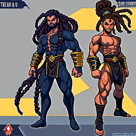 4 hommes de couleur de peau noir ,côte à côte dont un avec des dreads , le second avec des tresses et les autres avec des cheveux courts modélisés comme des personnages de jeu de combat comme tekken 