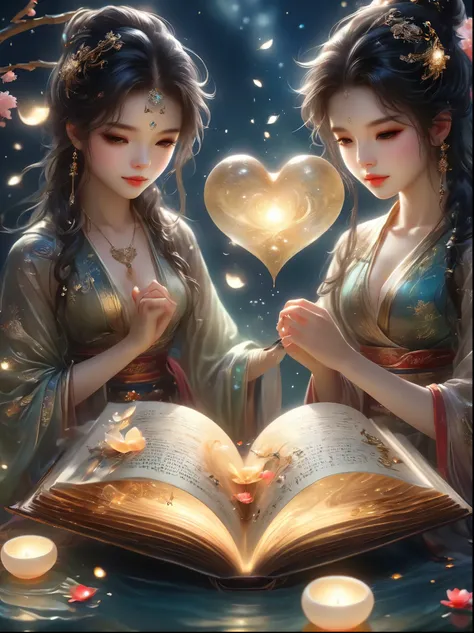 Three-dimensional ancient style,Romantic ancient style,Dark night shimmer,Elegant and simple,3 tiny people,Macro Photography,Suspension,Rolled up rice paper filled with calligraphy,High Angle Shot,Depth of Field,Bioluminescence,Chen Jia Leng,Quiet atmosphe...