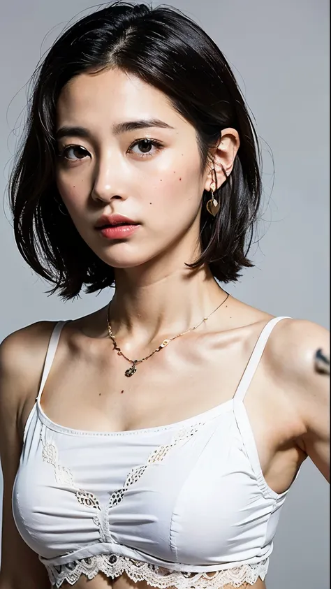 (highest quality, 8k, 32k, masterpiece, Ultra-high resolution:1.2),Beautiful Japanese Women Photos, very short bob hair,Upper Body,Face Focus,Earrings, necklace, Simple Background, View your viewers, Exposing shoulders, Sheer silk lace crop top,Mouth half ...