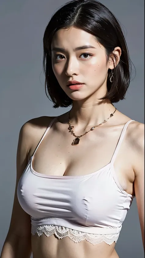 (highest quality, 8k, 32k, masterpiece, Ultra-high resolution:1.2),Beautiful Japanese Women Photos, very short bob hair,Upper body shot,Earrings, necklace, Simple Background, View your viewers, Exposing shoulders, Sheer silk lace crop top,Mouth half open、E...