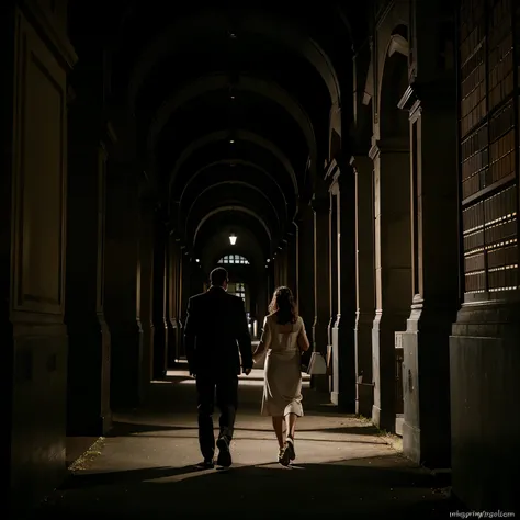 A Man And A Woman Holding A Book In A Dark Place And Pacing Infront Vector Images behind is the old library