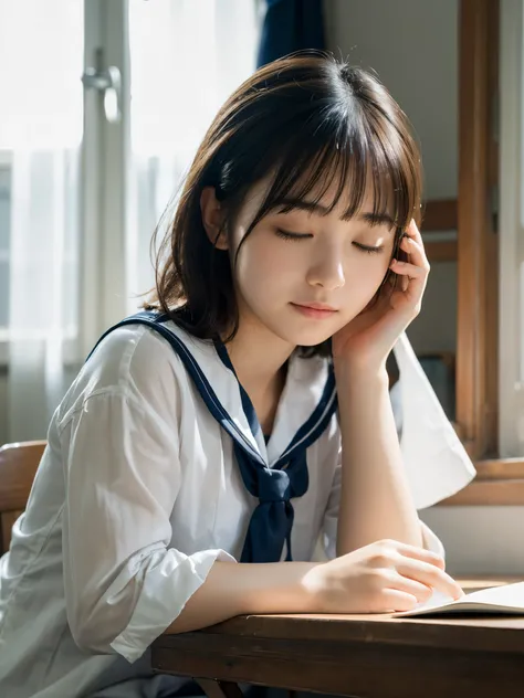 (highest quality,masterpiece:1.3,Ultra-high resolution),(Super detailed,Caustics,8k),(Photorealistic:1.4,RAW shooting),(School classroom),(Girl sleeping with her head on the desk:1.2),Sit on a chair,18-year-old,Japanese,Short black hair,(cute sleeping face...