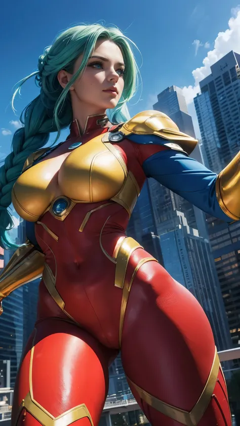 (best quality,4k,8k,highres,masterpiece:1.2),ultra-detailed,(realistic,photorealistic,photo-realistic:1.37), sexy superheroine, red, yellow, and silver outfit, cosmic powers, energy manipulation, vibrant and dynamic pose, shiny metallic textures, realistic...