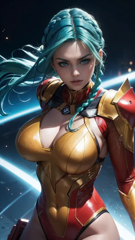 (best quality,4k,8k,highres,masterpiece:1.2),ultra-detailed,(realistic,photorealistic,photo-realistic:1.37), sexy superheroine, red, yellow, and silver outfit, cosmic powers, energy manipulation, vibrant and dynamic pose, shiny metallic textures, realistic...