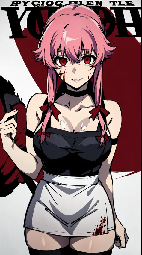 a horror movie poster of yuno gasai wearing an apron stained in blood and she as a sinister look and she has a crazed smile, the...