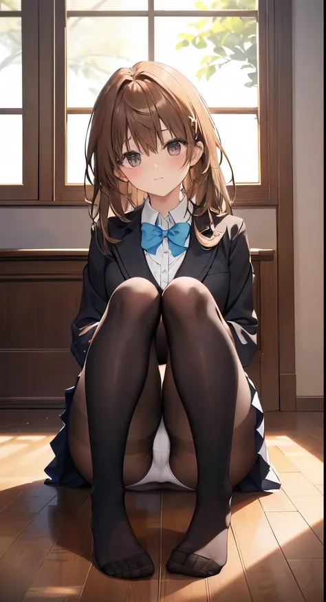 highest quality, masterpiece, High resolution, (Head to Toe full body), front, frontやや下からの構図, Symmetric, 18 year old tall girl, alone, (Head to Toe), (Small breasts), Unkempt brown hair, bangs, (black tights), (Black Pantyhose), (Sit with your legs apart),...