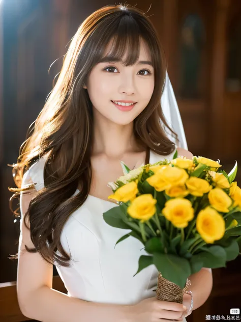 (She is wearing a pure white shiny voluminous wedding dress:1.I am wearing 3)　(Photo of upper body from waist up)　(Japanese solo photoshoot&#39;The most beautiful 24 year old woman))　((Her hair is incredibly curly、very long　Very high quality, Shiny, Extrem...