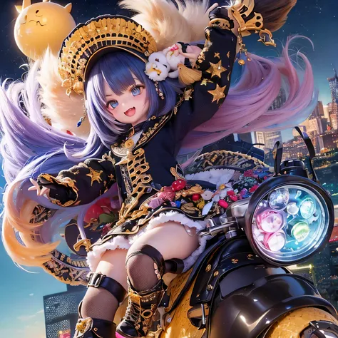 (highest quality,High resolution:1.2), girls,Adorable chibi style,Vibrant colors,Fantasy Landscape,Riding on motorcycle,Magical Environment,Twinkle Star,The wind that makes your hair flutter,Expressions of joy,Amazing adventure,A playful atmosphere,Beautif...