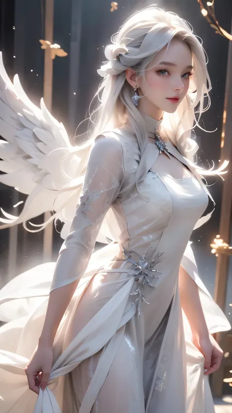 (White Wings,angel:1.2),(White feathers falling on the background:1.1)， （（masterpiece））， （detailed：1.4），Realistic、 beautiful woman images，High resolution（High Dynamic Range），Ray Tracing，NVIDIA，Super Resolution，PBR Textures，Post-processing，Anisotropic Filte...