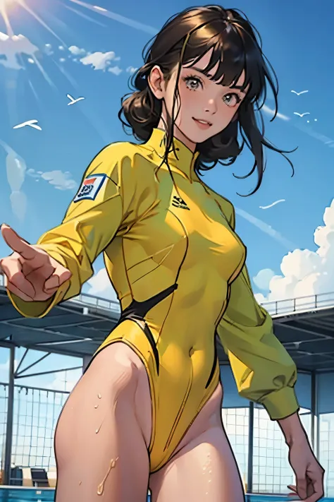 masterpiece、highest quality、High resolution、Two realistic girls、Competitive swimmer、Close-up of a person、Wearing a yellow bodysuit、During Competitive swimmerics competitions、smile、Swimming Venues、Sexy competitive swimsuit 