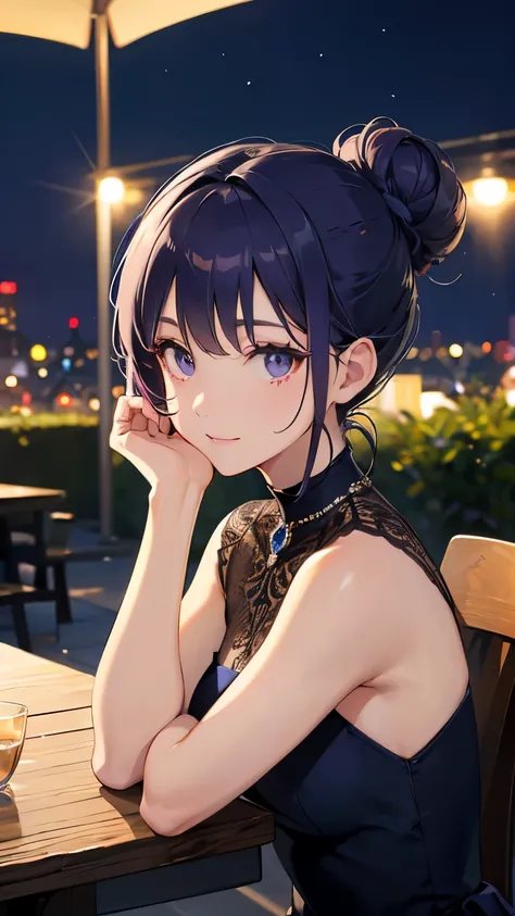 ((highest quality)), ((masterpiece)), (detailed), Perfect Face, (highest quality), (detailed skin:1.3), (複雑なdetailed), , Night dress, ((Midnight Blue Dress)), Deep neckline, Green Emerald Necklace, Earrings, Captivating smile, (Hair Bun, Purple Hair), Terr...