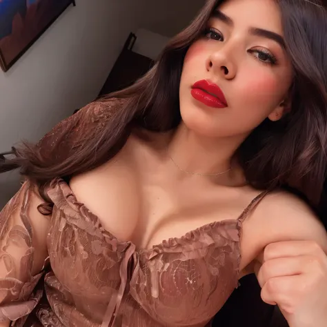 Ultrarealistic, high-detailed portrait of a Western woman for OnlyFans, Seductive gaze directly into the camera, Sensual pose, Red lipstick and matching outfit, Long, curly brunette hair, 25 years old, Provocative, Mature and alluring, High resolution, Mas...