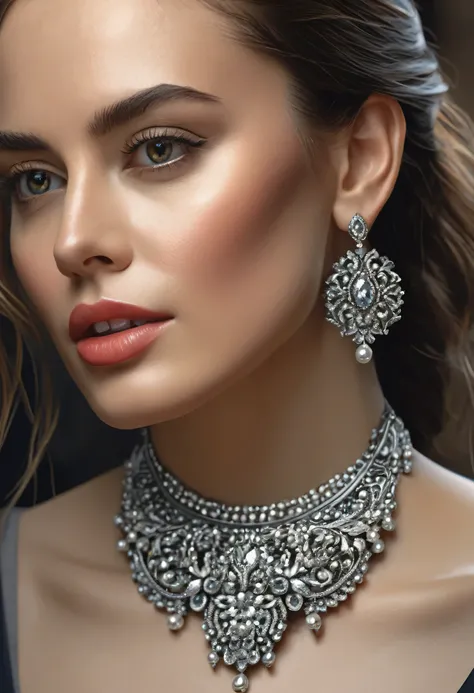 a close up of a woman wearing a necklace and earrings, detailed beauty portrait, detailed beautiful portrait, beautiful digital artwork, realistic digital art 4 k, realistic digital art 4k, stunning digital illustration, highly realistic digital art, stunn...