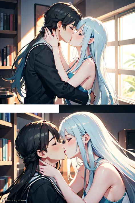 A girl (light blue long hair)
kiss her husband 