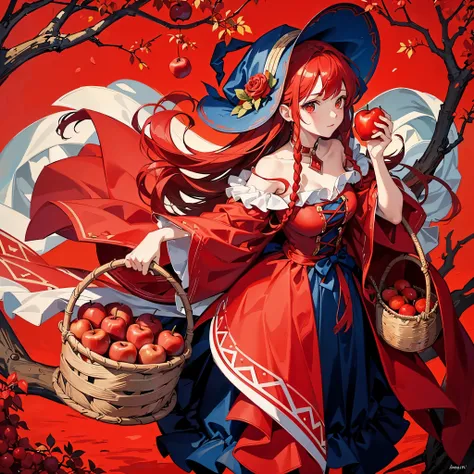 Top quality, masterpiece, red witch, red braided hair, red triangular hat, red background, holding a basket with apples hanging from her hand, tree with a lot of apples behind it