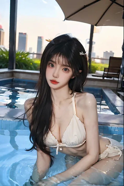 Beautiful woman with perfect body：1.4，Layered Hairstyle，Prominent cleavage，Highly detailed face and skin textures，Double eyelids，Skin Whitening，Long hair，Whitened long legs，Improved bra，Sexy goddess，Swimming pool