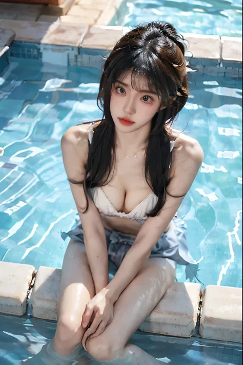 Beautiful woman with perfect body：1.4，Layered Hairstyle，Prominent cleavage，Highly detailed face and skin textures，Double eyelids，Skin Whitening，Long hair，Whitened long legs，Improved bra，Sexy goddess，Swimming pool