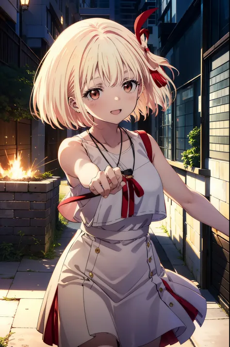 chisatonishikigi, Chisato Nishikigi, Short Hair, bangs, blonde,Bobcut, White hat(Red eyes:1.5),  Hair Ribbon,One side up,happy smile, smile, Open your mouth,smile,blush,Red sleeveless dress,White long skirt,Bare arms,Bare neck,Rocket Pendant,Cute Sandals,r...