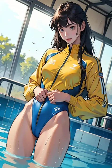 masterpiece、highest quality、High resolution、Two realistic girls、Competitive swimmer、Close-up of a person、Wearing a yellow bodysuit、During Competitive swimmerics competitions、smile、Swimming Venues、Sexy competitive swimsuit 