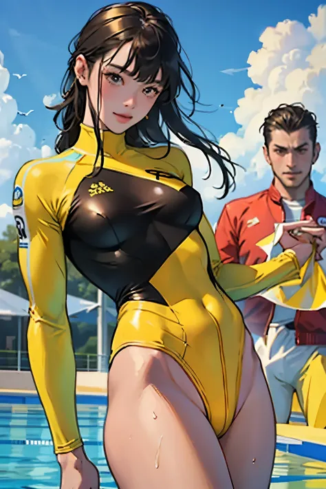 masterpiece、highest quality、High resolution、Two realistic girls、Competitive swimmer、Close-up of a person、Wearing a yellow bodysuit、During Competitive swimmerics competitions、smile、Swimming Venues、Sexy competitive swimsuit 