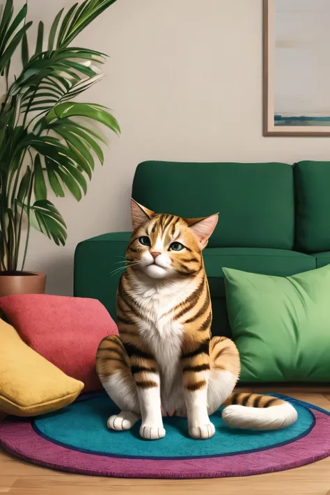 a cat sitting on a mat in front of a green couch, surrounded by colorful pillows