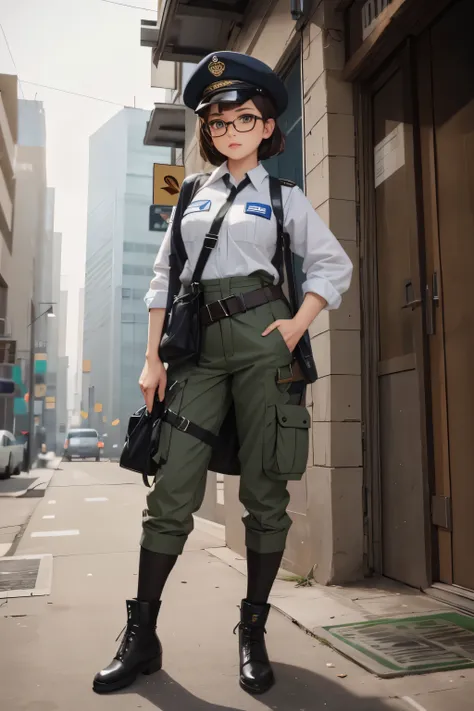 wide angle, full body image, a pretty girl messenger, wearing large glasses, undercut hair, wearing postal uniform, in a post-ap...