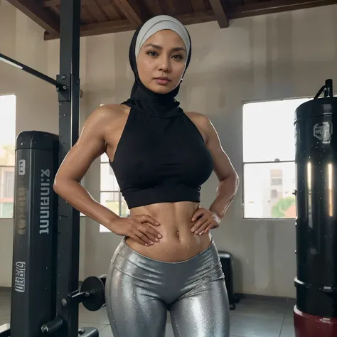 52 years Old, ((Sugar Mama)), ((Beauty Hijab Indonesian Mature woman)), ((Sensual lips)), wet Oily Tanlined  through, ((Large Tits)), 196 Inches Tits, Tank Top, Fitness Pants, ((Nailing Polish)), Face full of Make up, Full body, Realistic Detailed Perfect ...