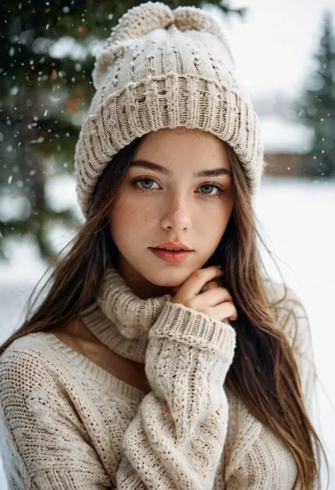 masterpiece, best quality, analogue photo of adult girl in sweater and sweater hat, looking at viewer, long hair, extremely beau...