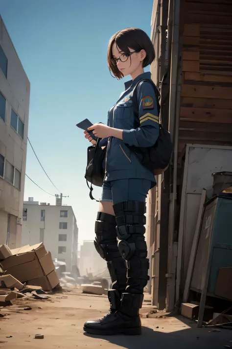 Wide angle, full body image, a pretty girl messenger, wearing large glasses, undercut hair, wearing postal uniform, in a post-apocalyptic world