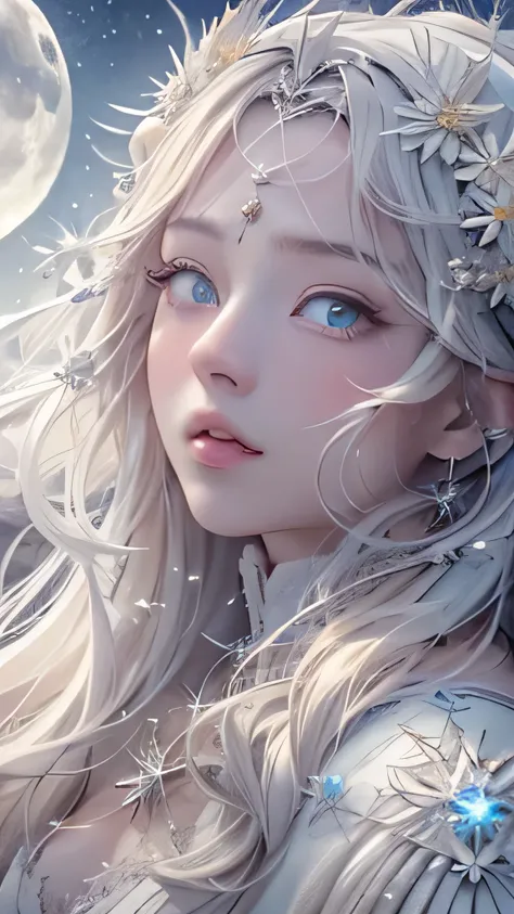 (Starry sky with the moon、Beautiful night sky:1.2), ((masterpiece)), (detailed:1.4)、(heavyfall, snowfall in background),Realistic、 beautiful woman images,High resolution(High Dynamic Range),Ray Tracing,NVIDIA,Super Resolution,PBR Textures,Post-processing,A...