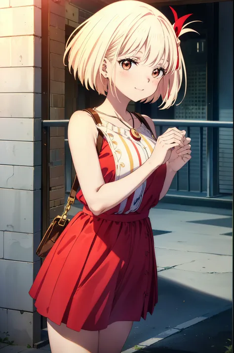 chisatonishikigi, Chisato Nishikigi, Short Hair, bangs, blonde,Bobcut, White hat(Red eyes:1.5),  Hair Ribbon,One side up,happy smile, smile, Open your mouth,smile,blush,Red sleeveless dress,White long skirt,Bare arms,Bare neck,Rocket Pendant,Cute Sandals,r...