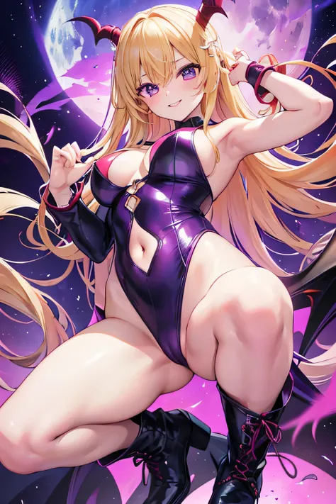 Sentai Series、1girl、Young face、Villainous female executive、A purple leotard、Gold decoration on chest、sexy、Blonde、Red eyes、Handsome face、Coral-colored lips、Slender body、Perfect proportions、Fishnet tights、short boots、rubber gloves、Wicked Smile、((Devilish dec...