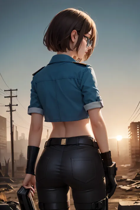 Wide angle, view from behind, a pretty girl messenger, wearing large glasses, undercut hair, wearing postal uniform, in a post-apocalyptic world