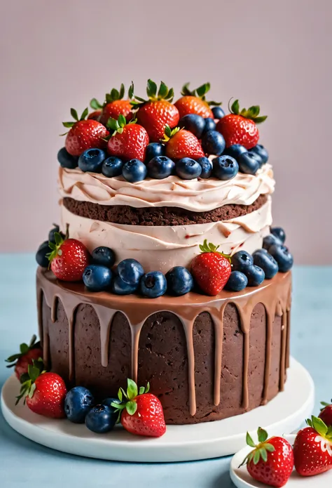 There is a chocolate cake with strawberries and blueberries, Birthday cake, The biggest cake, bolo, delicioso, Bolos, arte do bolo, Perfectamente detallado, " corteza de hierro, Award-winning - Award-winning crisp details ", Award-winning crisp details", C...