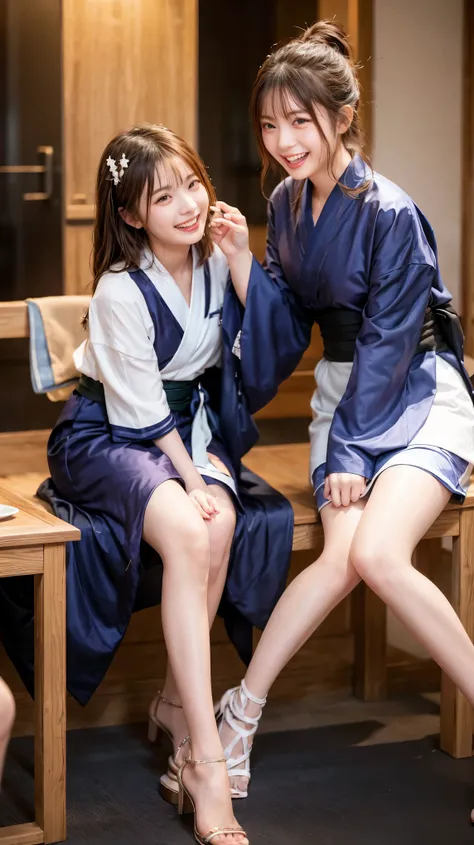 highest quality、4K quality、立つmale、Young women sitting facing each other、Small face、18-year-old、slender、male、Open-chested kimono、Laughing with your mouth open（1.3）、Model-like exposed legs、Small breasts are visible、maleは腰を女に押しつける