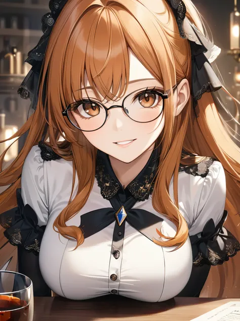 (masterpiece), (best quality),(ultra detailed),(extremely detailed),(absolutely resolution) ,absurdres,8k, cute and beautiful face, highly detailed face and eyes, 1girl, wearing silver-glasses, grin, hands up,elbows on table, (long hair, orange hair, brown...