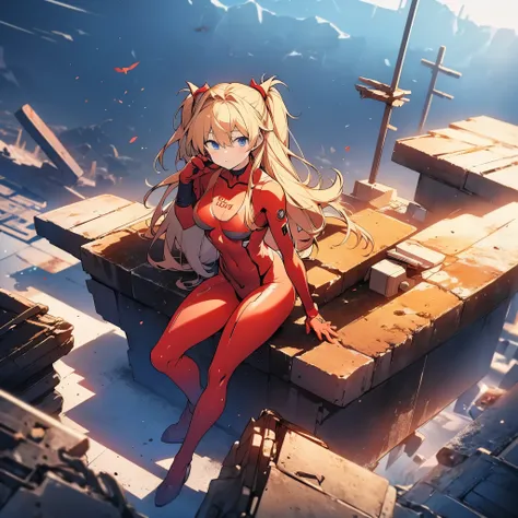 Asuka Langley, cinematic angle, cinematic lighting, Rubble sitting