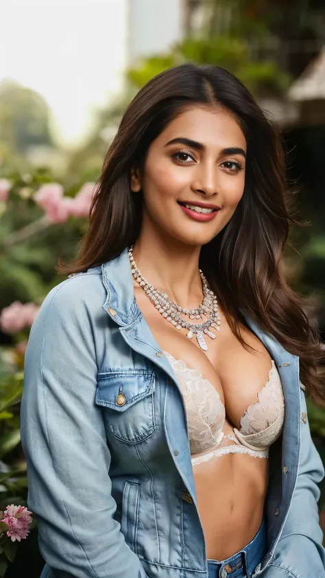 from bottom view, extreme close up photo of pooja hegde, swooping breasts, deep cleavage, smile, standing with wide open spread ...