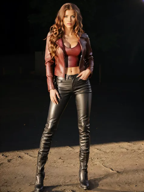 full body women 25 years old green eyes very very long red windblown wavy hair in a leather jacket black leather pants brown leather western boots light shadow effects intricate highly detailed digital bright colors sharp shadows