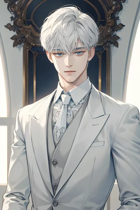 (extreamly delicate and gentleman:1.2), 8K,(masterpiece:1.0),(best_quality:1.0), 1 boy goodlooking, finely eye and detailed face, and intricate detailing, white grey short hair, (closed mouths), Perfect eyes, Equal eyes, carolina eyes (A male god) with bus...