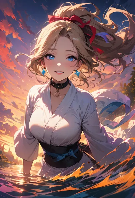 masterpiece, Ultra-high-definition CG, highest quality, Perfect photo, Colorful sunset，Lydia in the pond，Beautiful details in the eyes，Beautiful Lips，Earrings，collar，blonde high ponytail，blue eyes，Red hair ribbon，smile，looking happily at the audience，Weari...