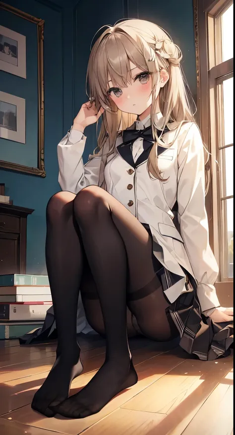 highest quality, masterpiece, High resolution, (Head to Toe full body), front, frontやや下からの構図, Symmetric, 18 year old tall girl, alone, (Head to Toe), (Small breasts), Unkempt brown hair, bangs, (black tights), (Black Pantyhose), (Sit with your legs apart),...