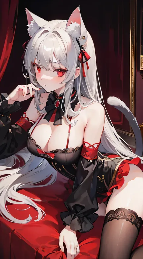 high quality, masterpiece, Very detailed,Long Hair, beautiful girl,Gray Hair,Red eyes,Shoulder Bare,Aristocratic costume,Black fishnet stockings,Cat ear,Lying in bed,Embarrassed,Lying on your back,